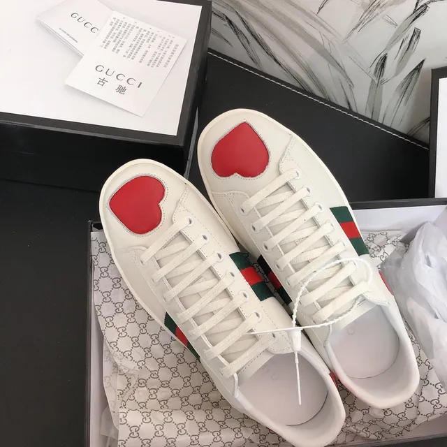 Gucci Ace Heart White Green Red Web Stripe Lifestyle Sneakers 5