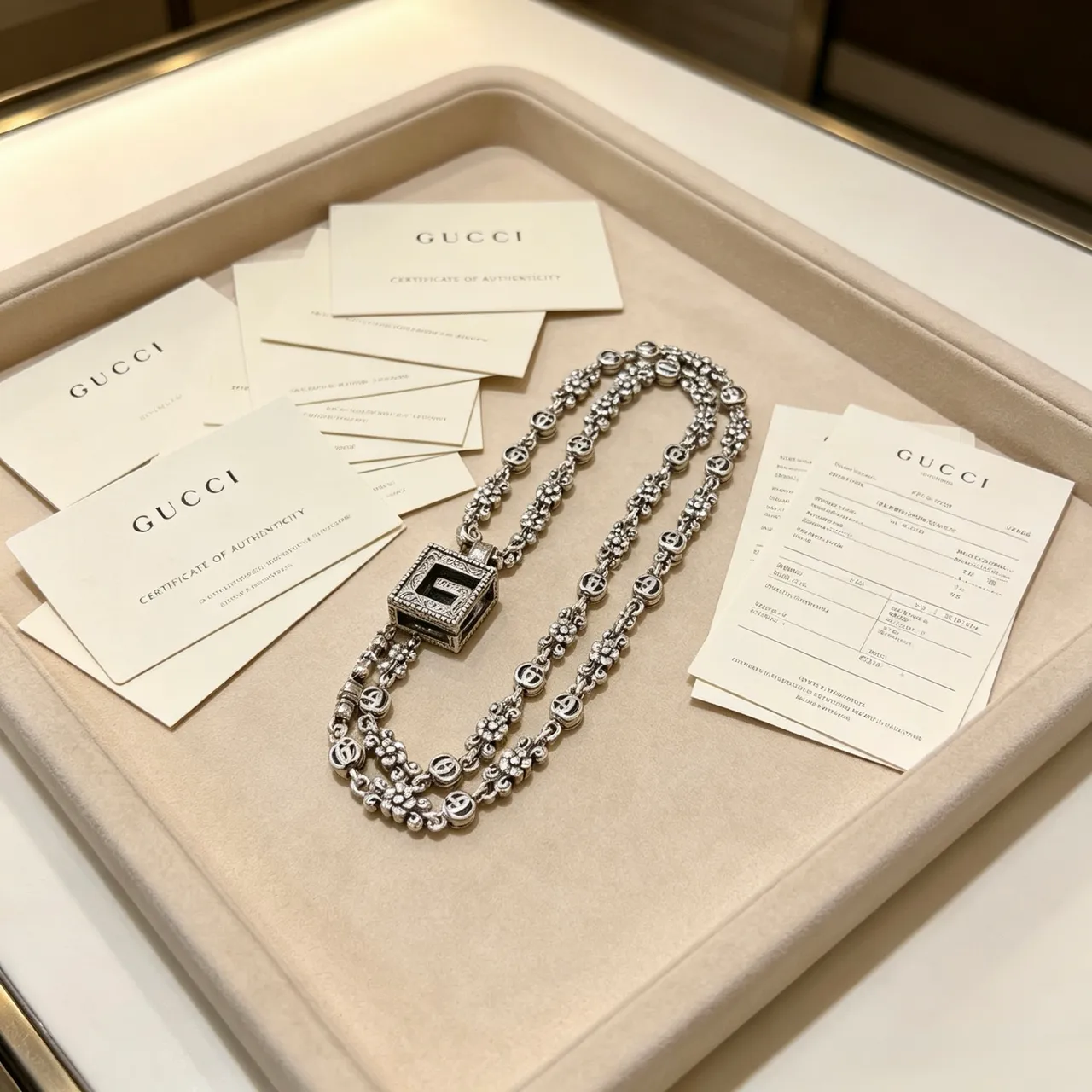 Gucci Ancora-inspired Chain Necklace Silver Black Ornate Floral Scrollwork Interlocking G Motifs Necklace 4
