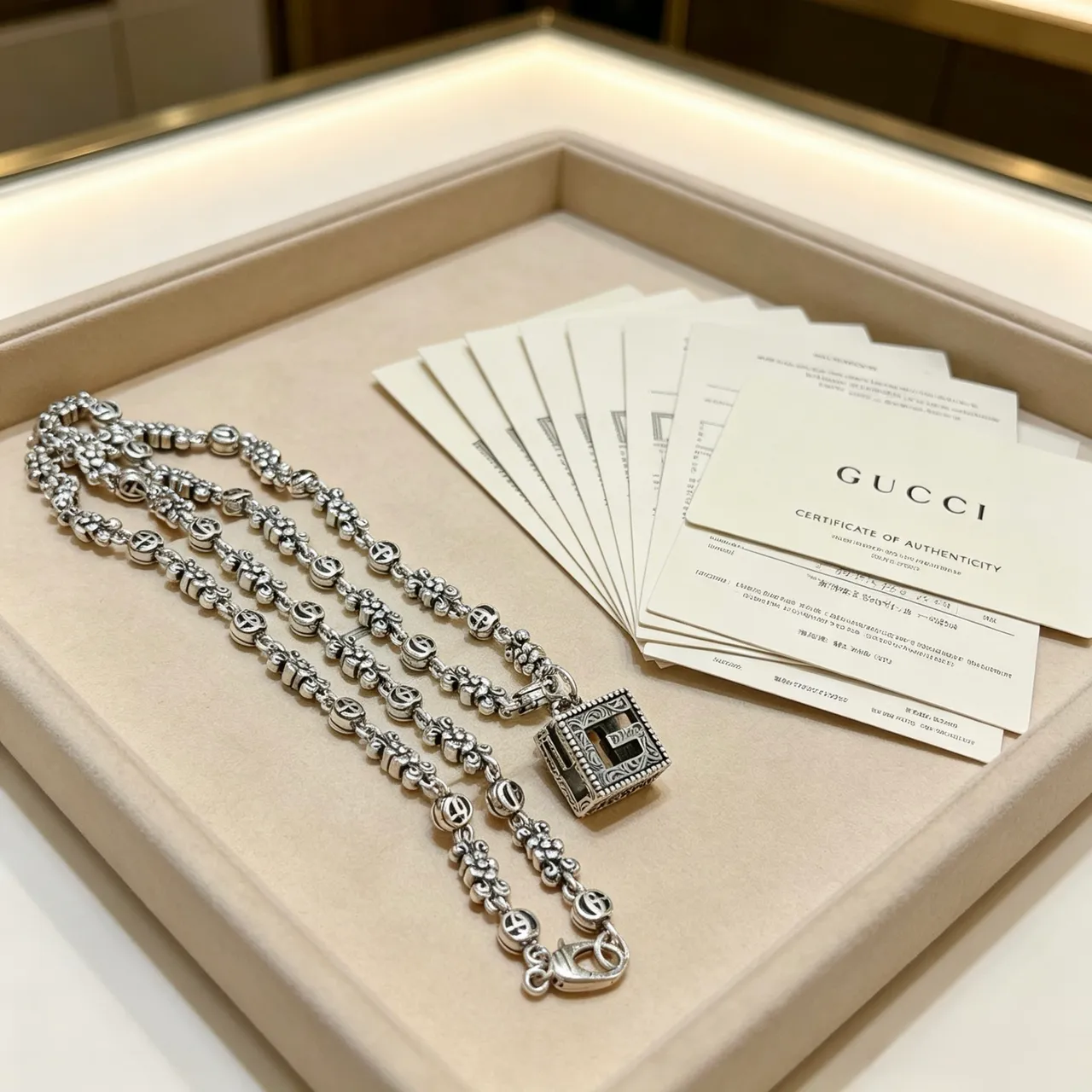 Gucci Ancora-inspired Chain Necklace Silver Black Ornate Floral Scrollwork Interlocking G Motifs Necklace 6