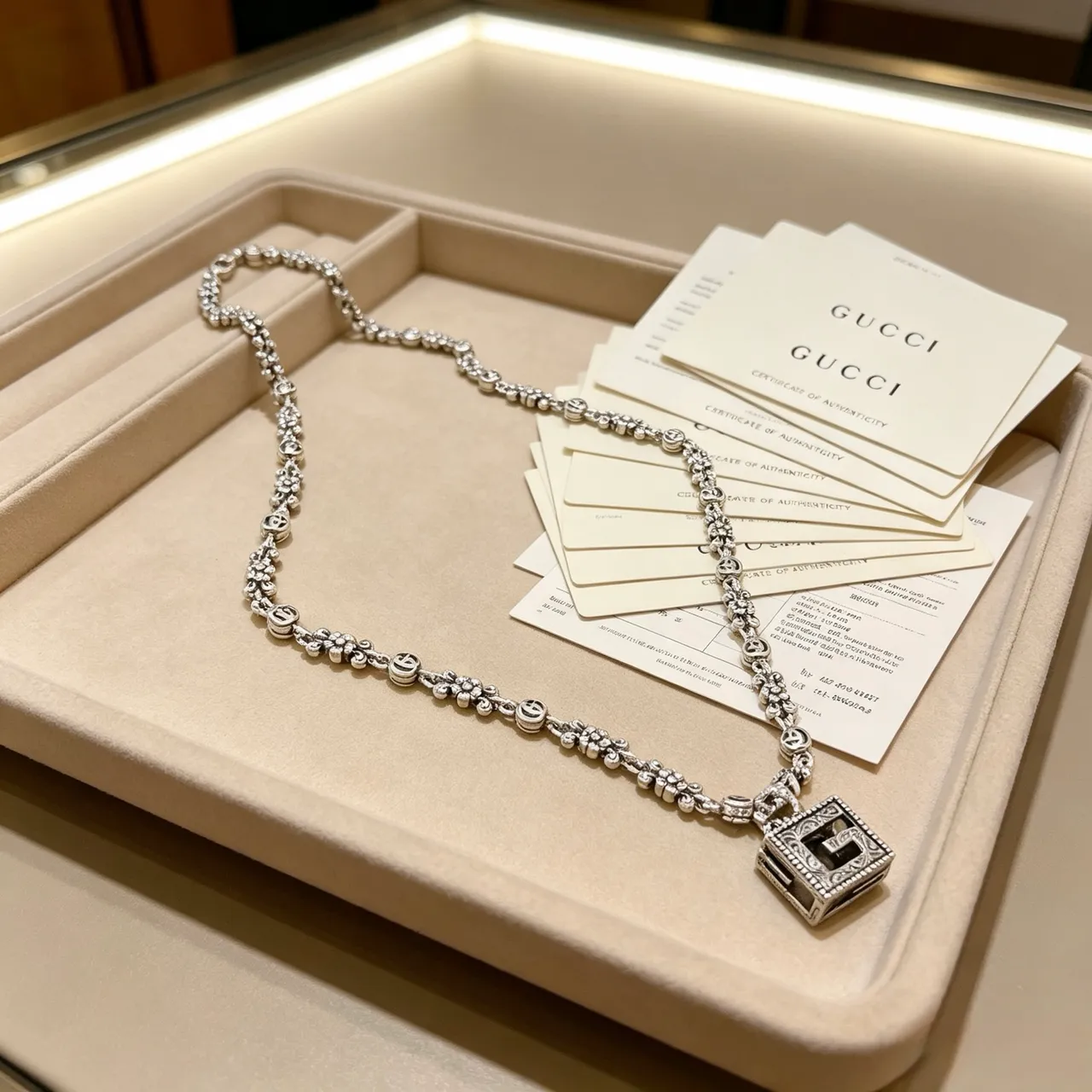 Gucci Ancora-inspired Chain Necklace Silver Black Ornate Floral Scrollwork Interlocking G Motifs Necklace 7