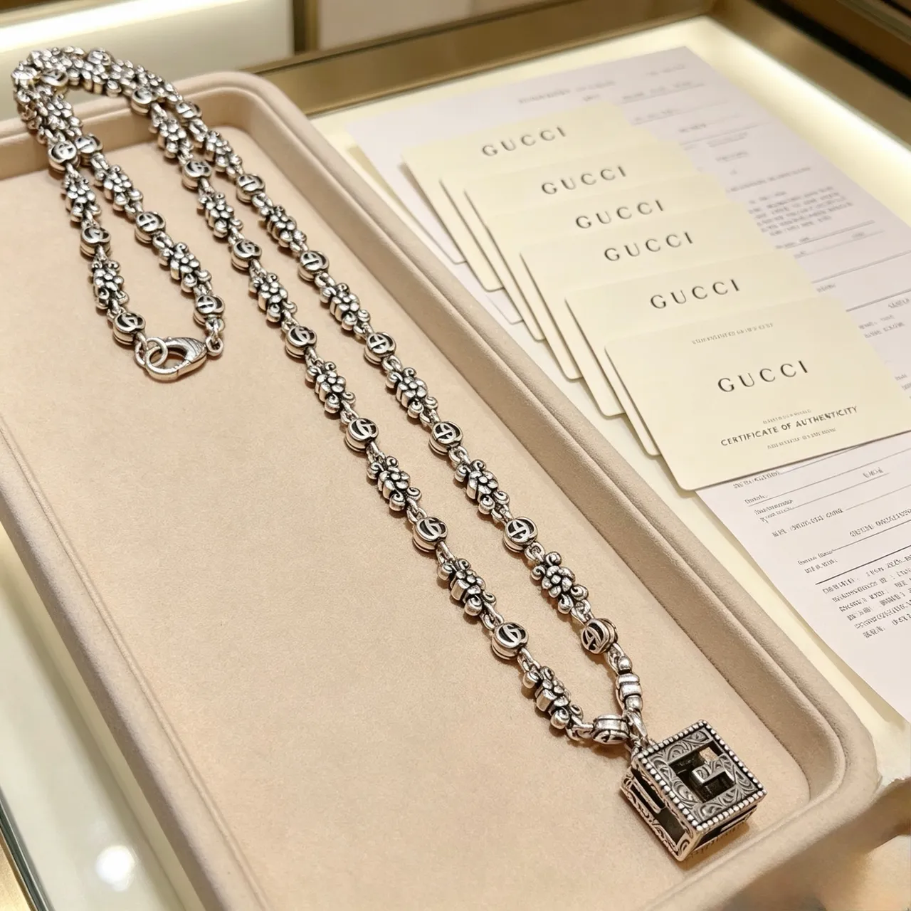 Gucci Ancora-inspired Chain Necklace Silver Black Ornate Floral Scrollwork Interlocking G Motifs Necklace 9