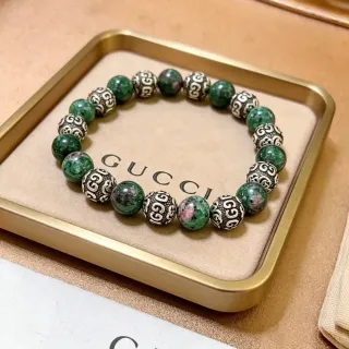Gucci Beaded Green Stone and Metal Scroll Bracelet