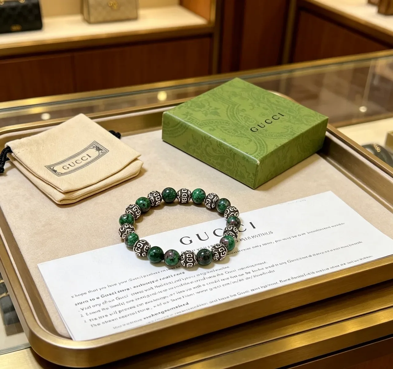 Gucci Beaded Green Stone and Metal Scroll Bracelet 2