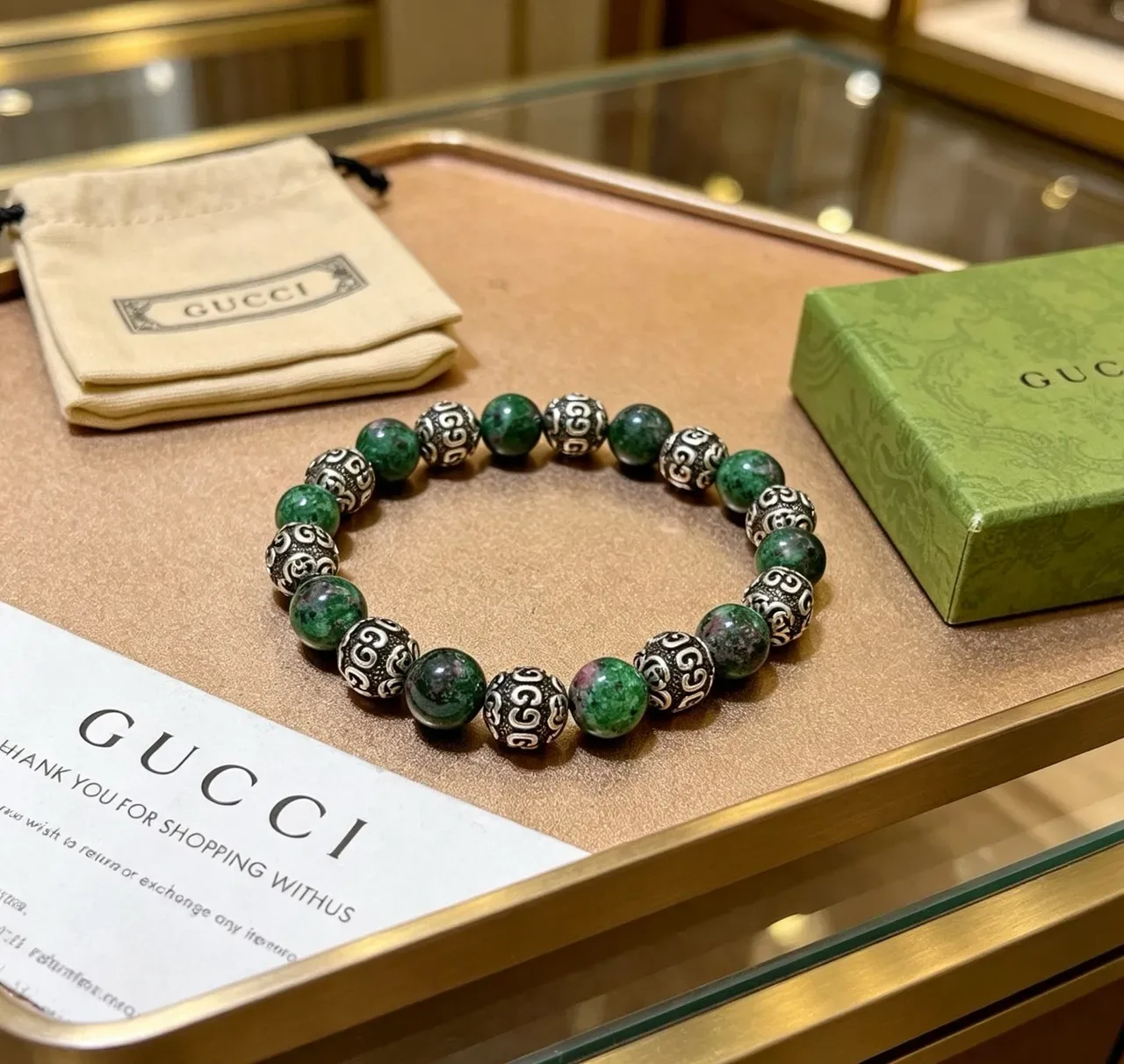 Gucci Beaded Green Stone and Metal Scroll Bracelet 3