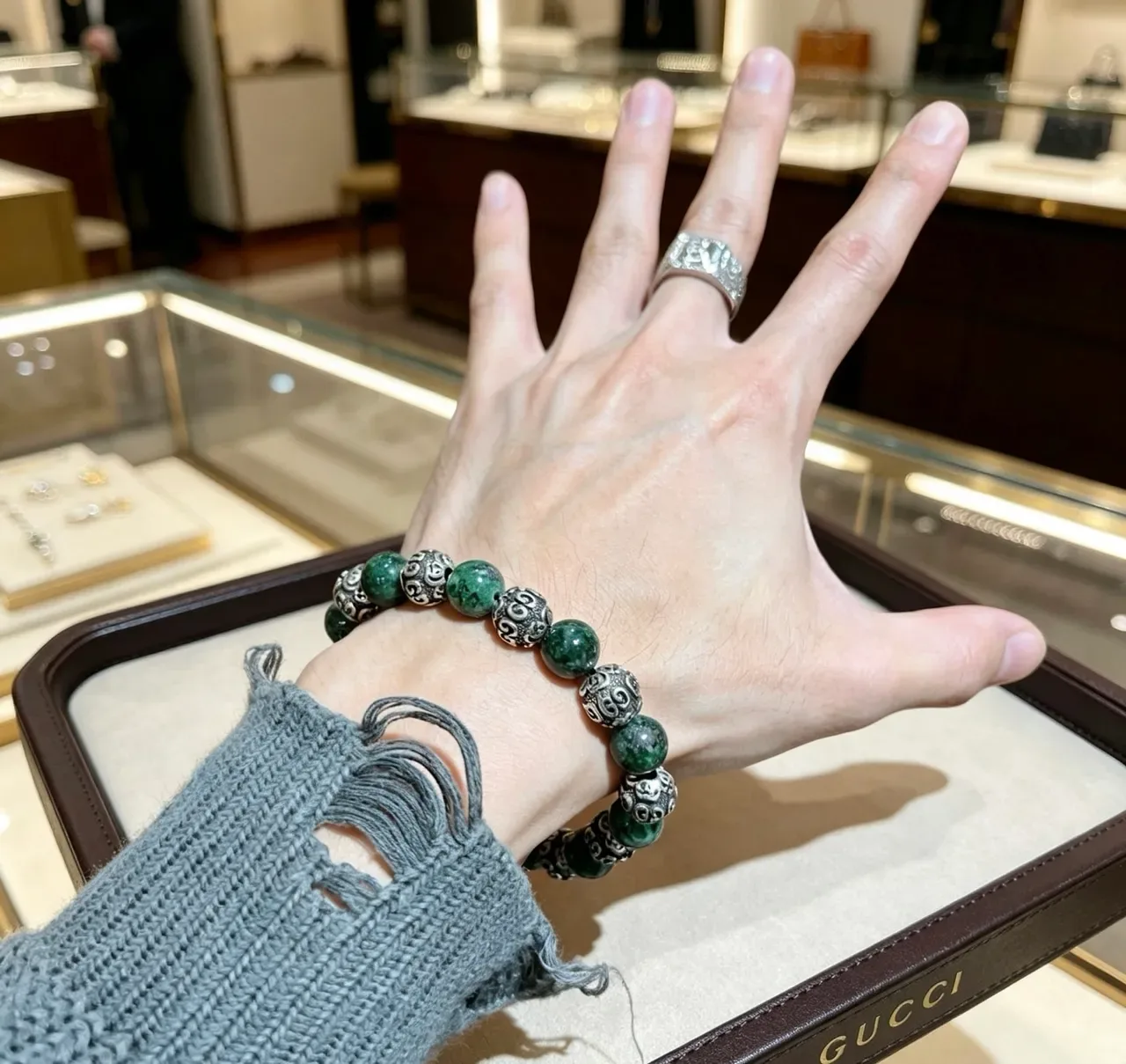 Gucci Beaded Green Stone and Metal Scroll Bracelet 4