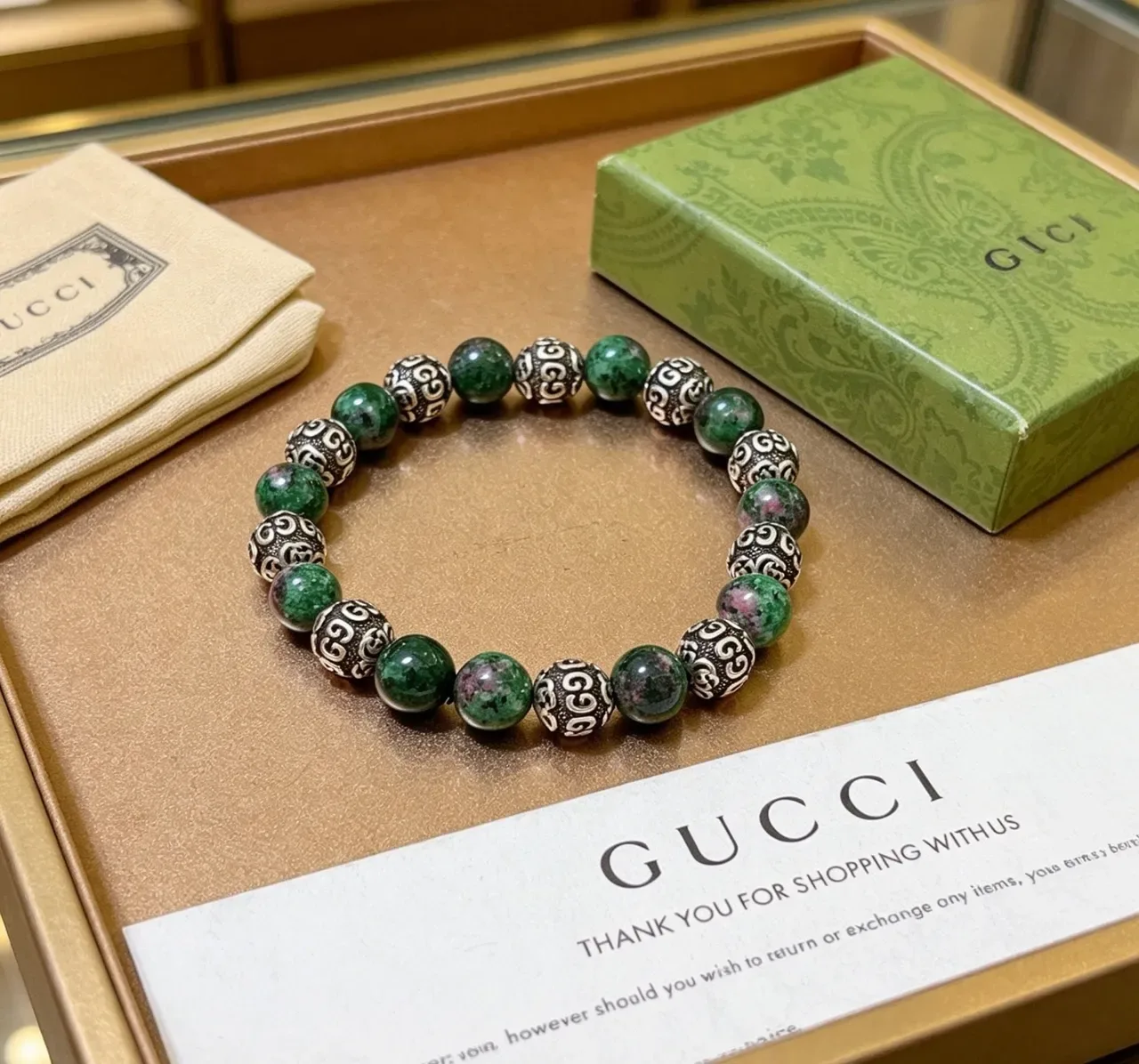 Gucci Beaded Green Stone and Metal Scroll Bracelet 5