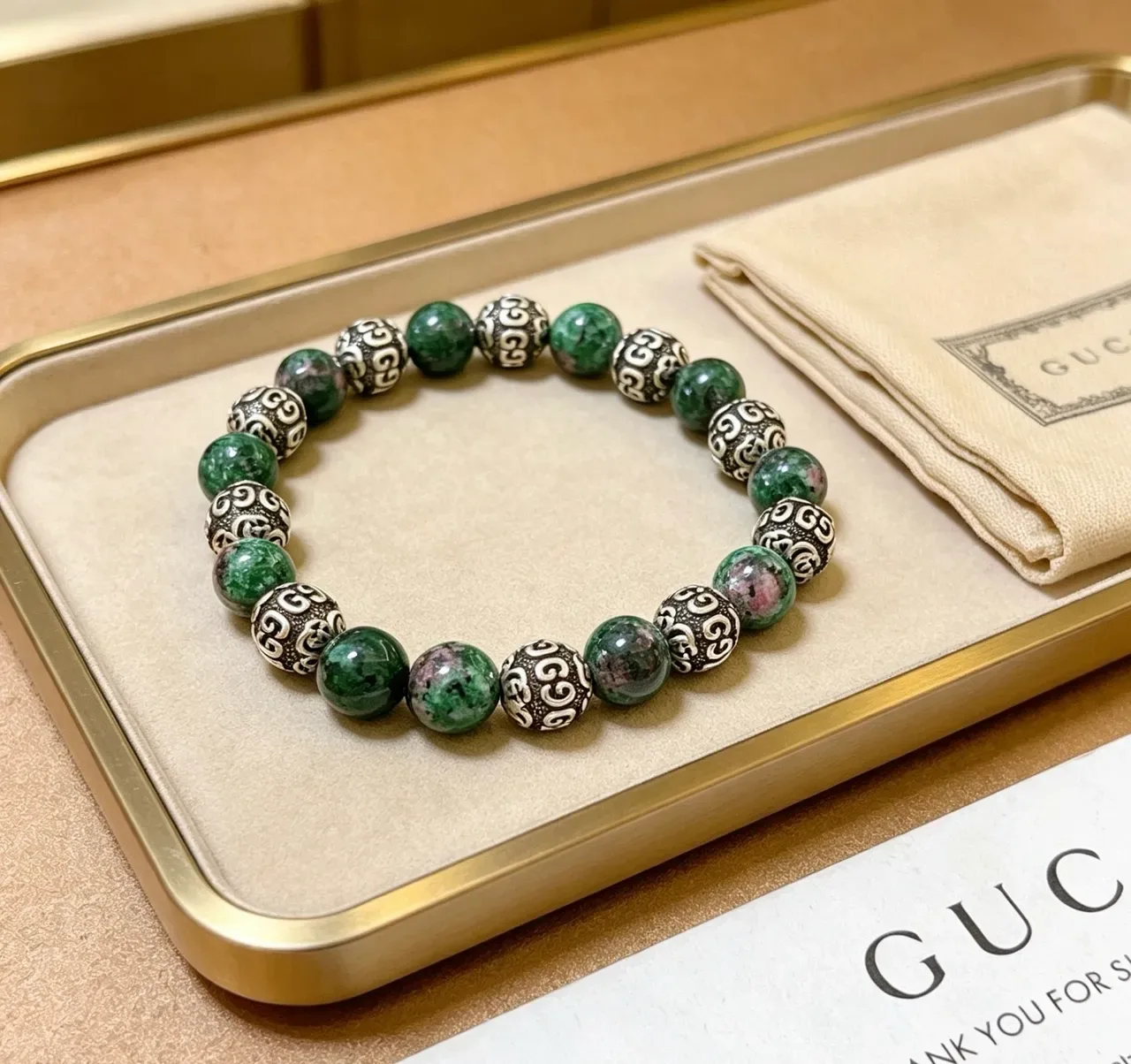 Gucci Beaded Green Stone and Metal Scroll Bracelet 9