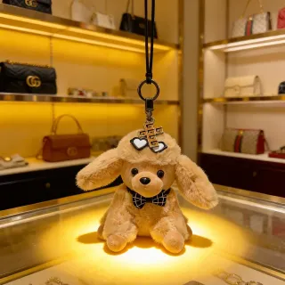 Gucci Beige Black Plush Dog Silhouette Checkered Bow Tie Phone Accessory