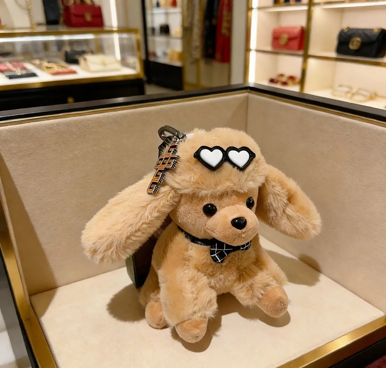 Gucci Beige Black Plush Dog Silhouette Checkered Bow Tie Phone Accessory 2