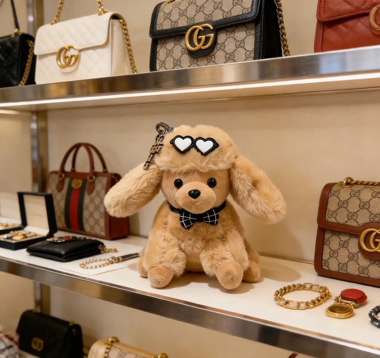 Gucci Beige Black Plush Dog Silhouette Checkered Bow Tie Phone Accessory 3