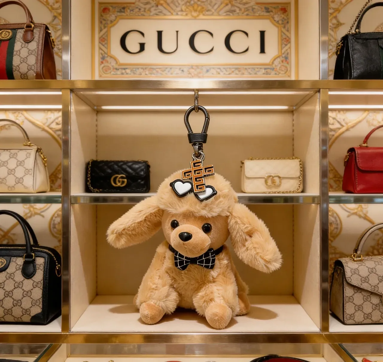 Gucci Beige Black Plush Dog Silhouette Checkered Bow Tie Phone Accessory 5
