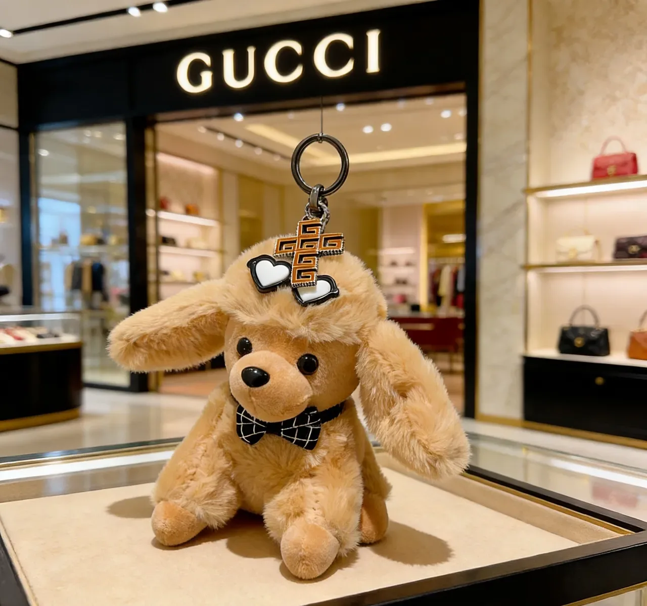 Gucci Beige Black Plush Dog Silhouette Checkered Bow Tie Phone Accessory 6