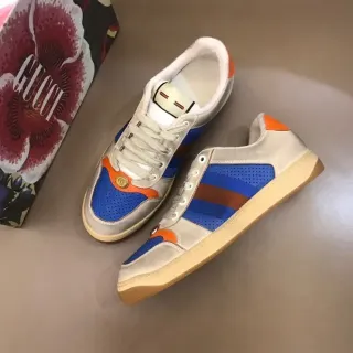 Gucci Beige Blue Low-Top Perforated Mesh Panels Lifestyle Sneakers