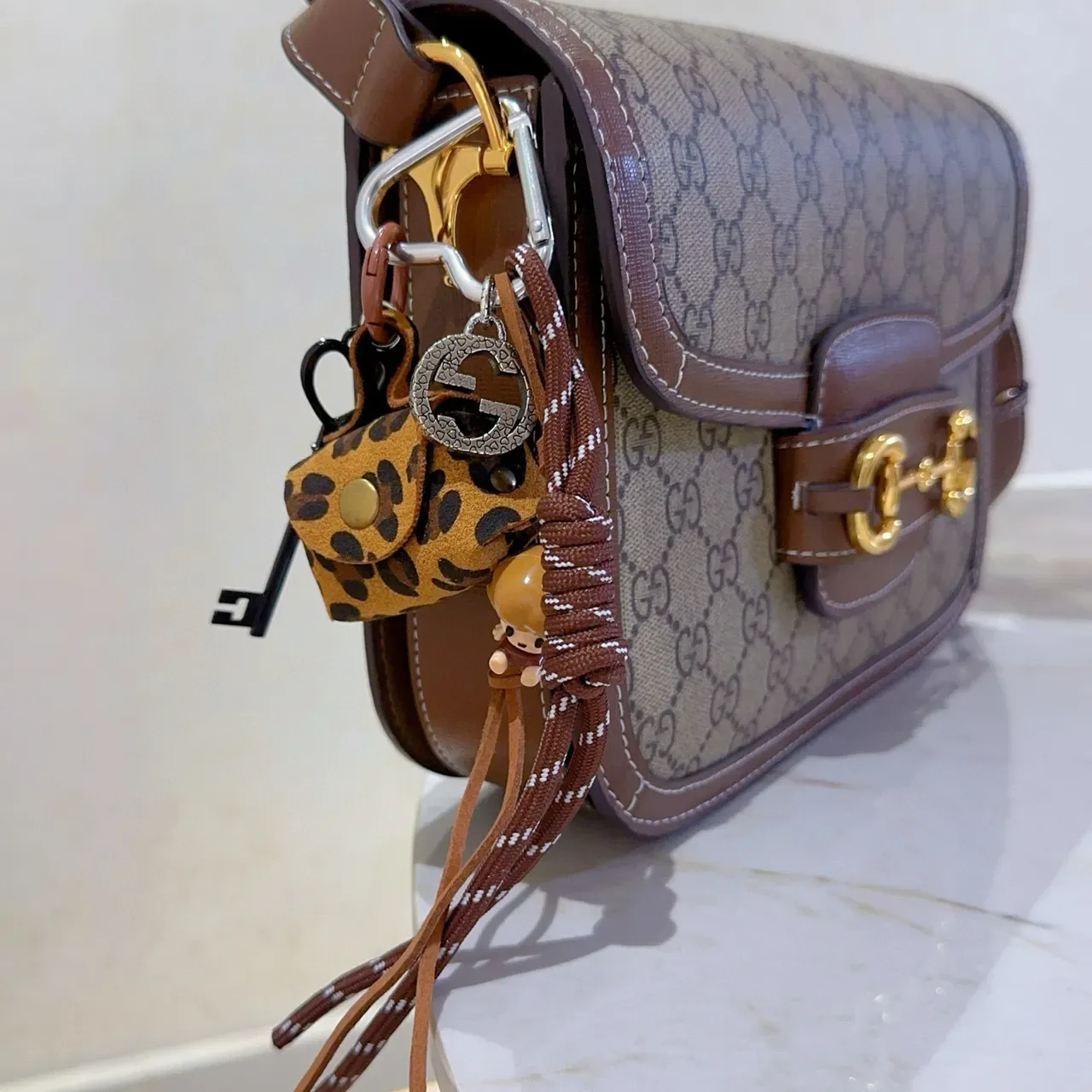 Gucci Beige Brown GG Monogram Canvas Leather Trim Handbag 4