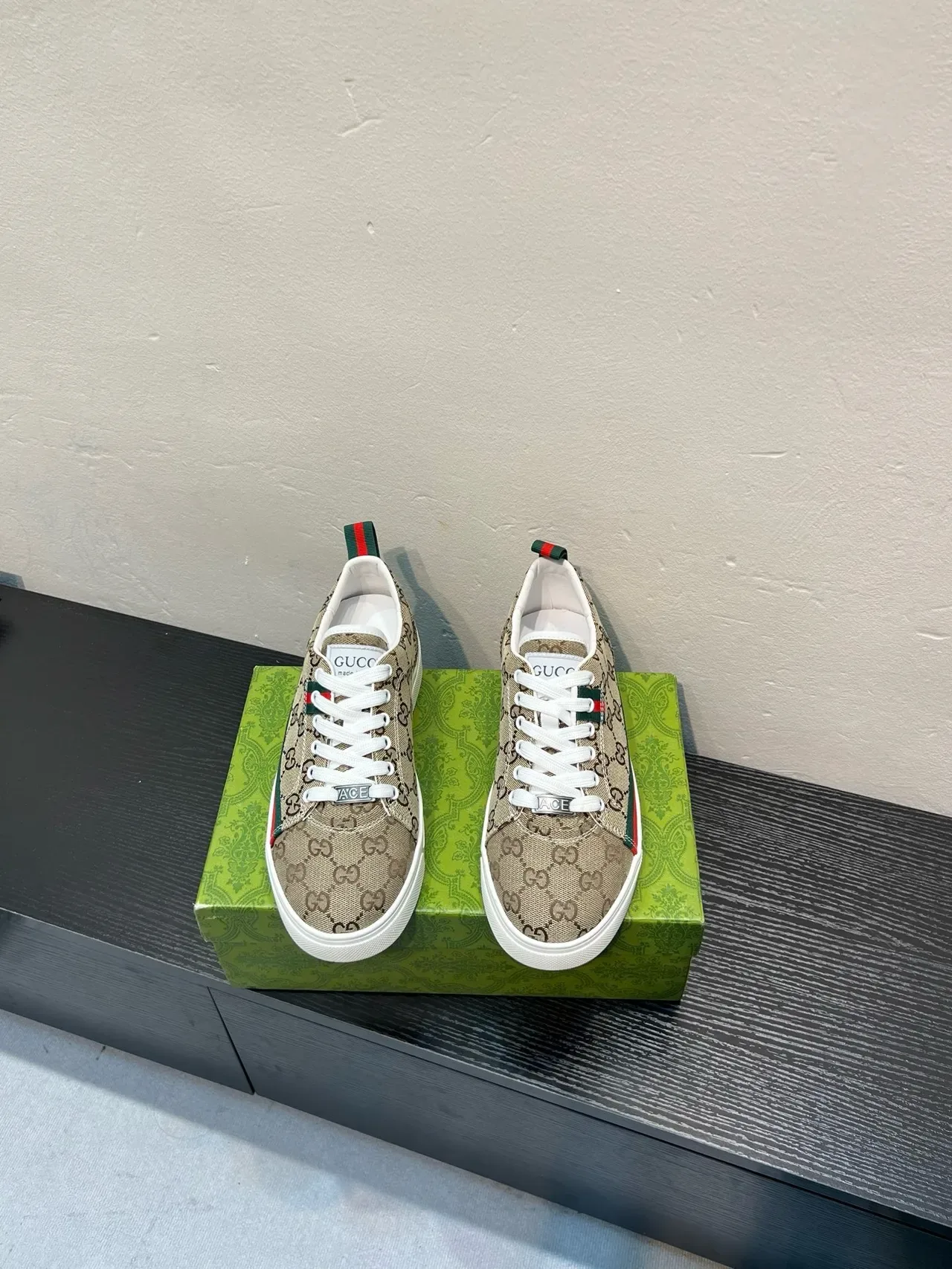 Gucci Beige Green GG Monogram Canvas Web Stripe Accent Lifestyle Sneakers 2