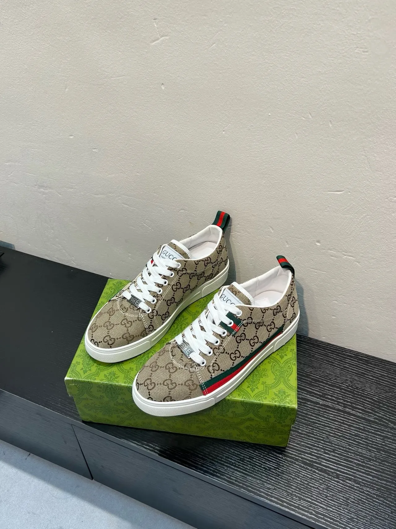 Gucci Beige Green GG Monogram Canvas Web Stripe Accent Lifestyle Sneakers 3