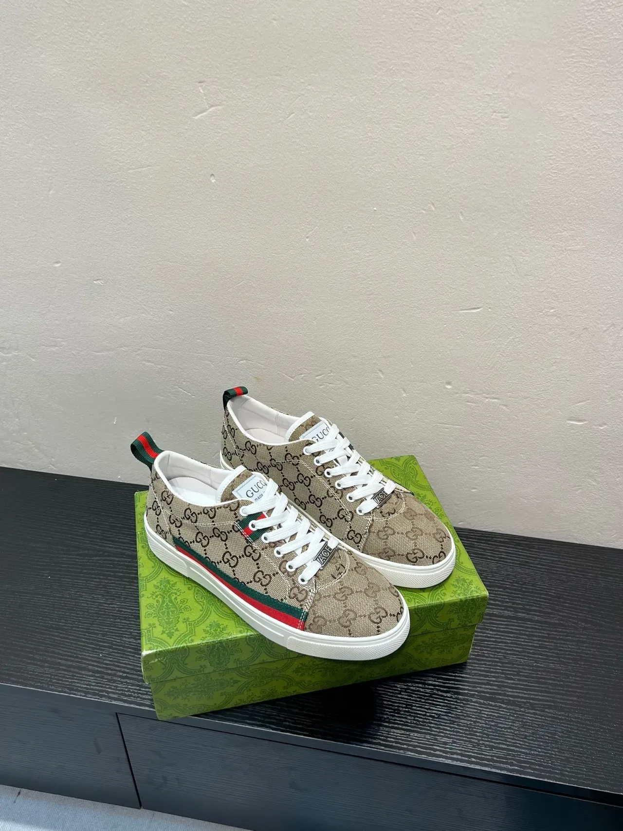Gucci Beige Green GG Monogram Canvas Web Stripe Accent Lifestyle Sneakers 5