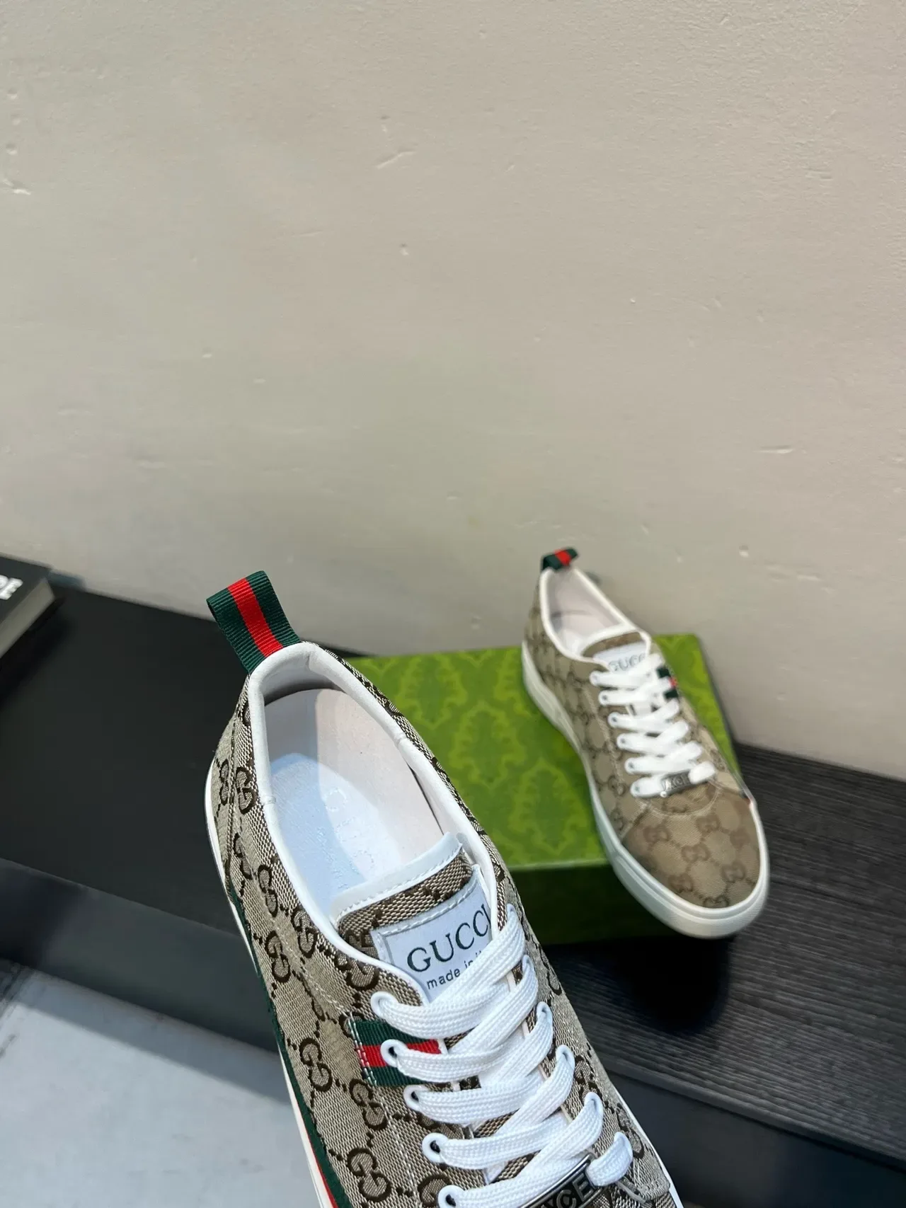 Gucci Beige Green GG Monogram Canvas Web Stripe Accent Lifestyle Sneakers 7