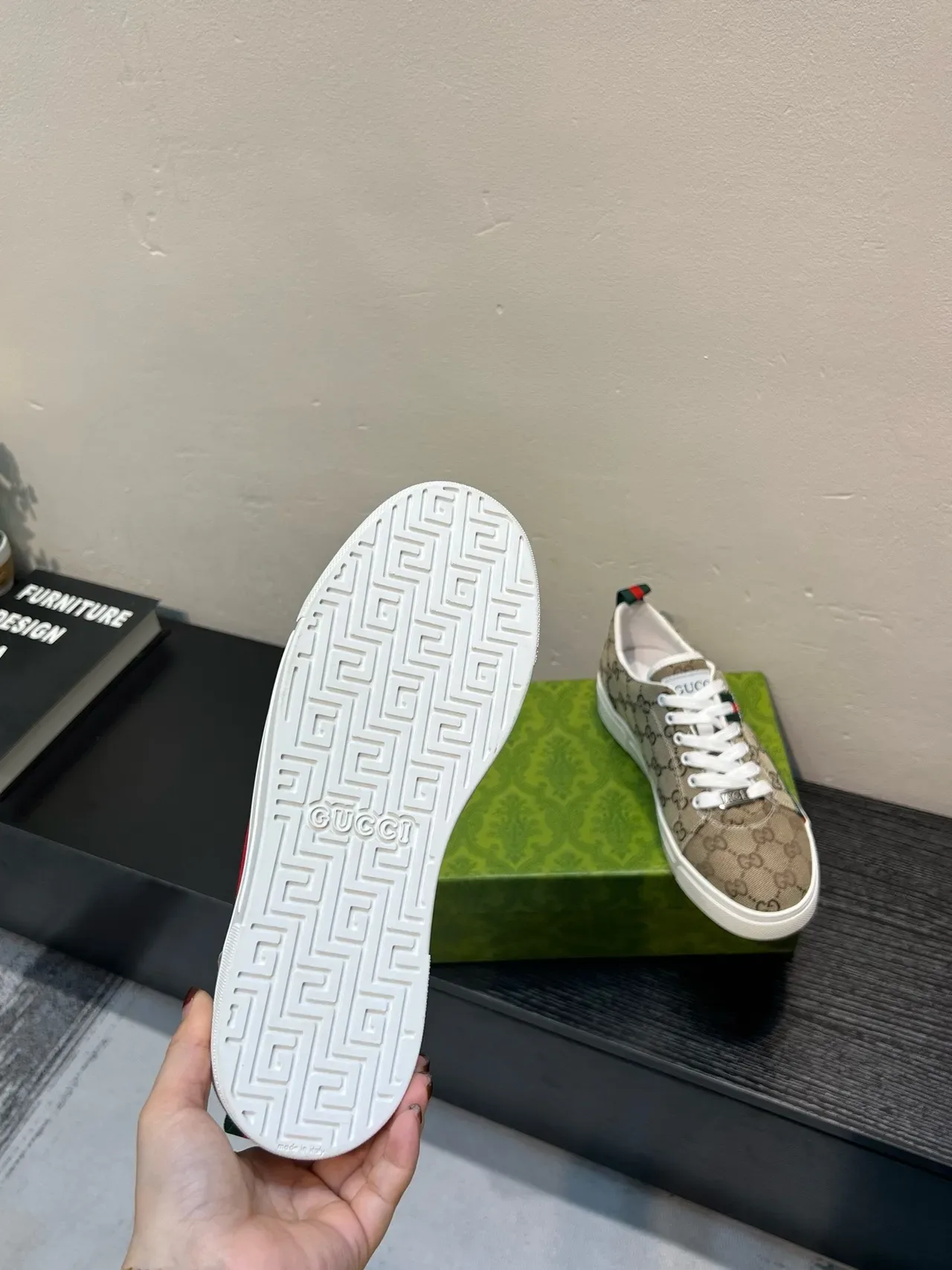 Gucci Beige Green GG Monogram Canvas Web Stripe Accent Lifestyle Sneakers 9