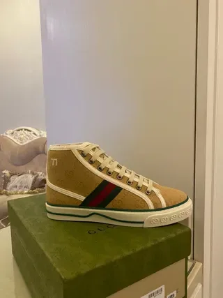 Gucci Beige Green GG Monogram Canvas Web Stripe Detail Lifestyle Sneakers 2