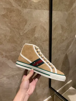 Gucci Beige Green GG Monogram Canvas Web Stripe Detail Lifestyle Sneakers 9
