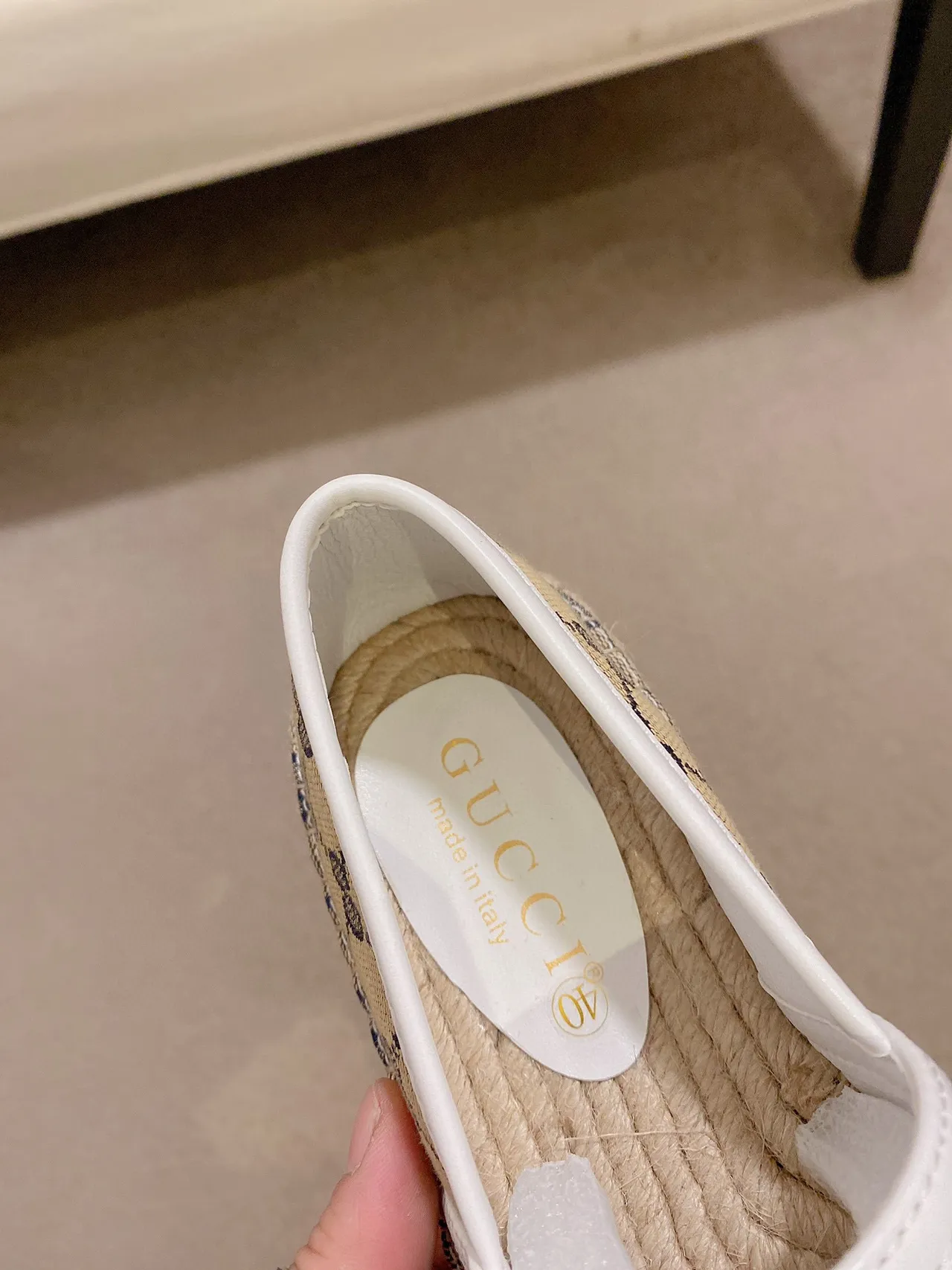Gucci Beige Navy GG Monogram Canvas Jute-Wrapped Sole Loafer 5