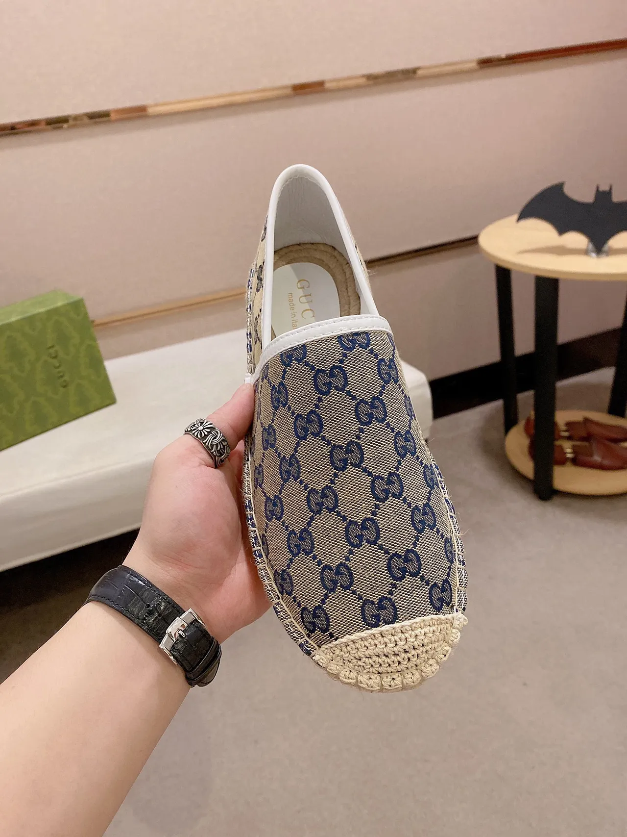 Gucci Beige Navy GG Monogram Canvas Jute-Wrapped Sole Loafer 7