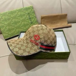 Gucci Beige Red GG Monogram Canvas Embroidered Interlocking G Baseball Cap