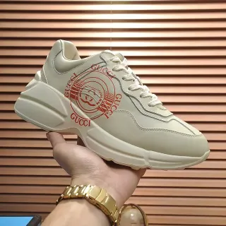 Gucci Beige Red Sole Logo-Print Side Panel Chunky Sneakers