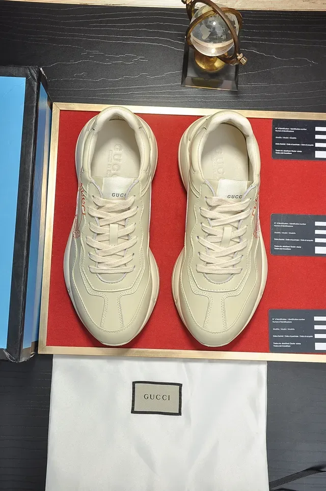 Gucci Beige Red Sole Logo-Print Side Panel Chunky Sneakers 5