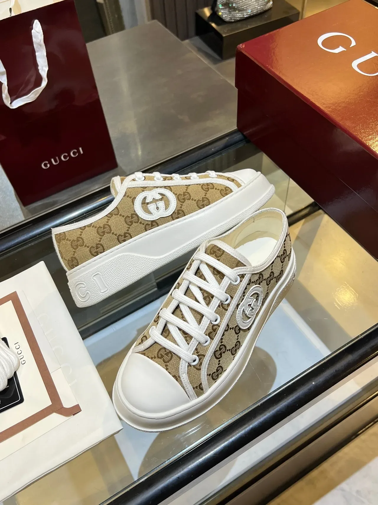 Gucci Beige White Monogram Canvas Interlocking G Logo Patch Lifestyle Sneakers 2