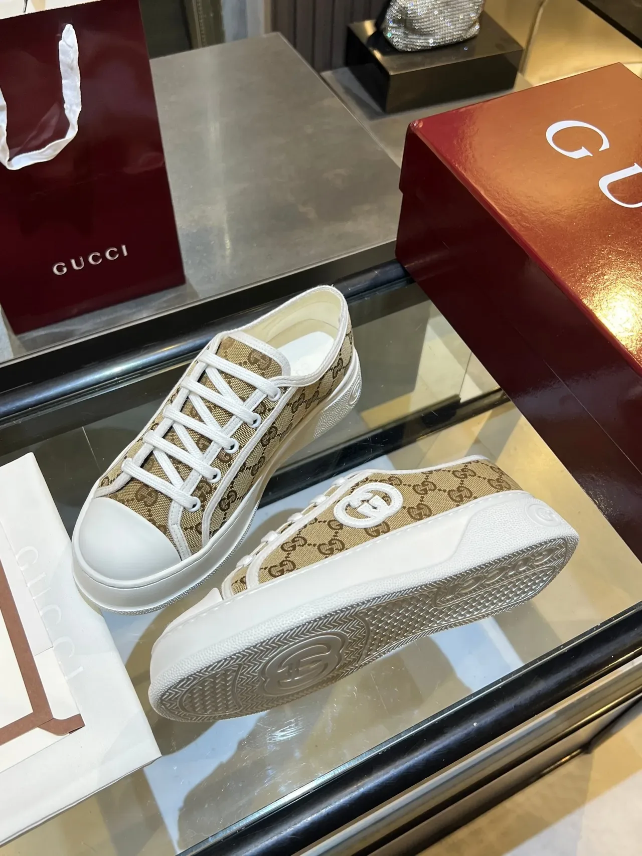 Gucci Beige White Monogram Canvas Interlocking G Logo Patch Lifestyle Sneakers 4