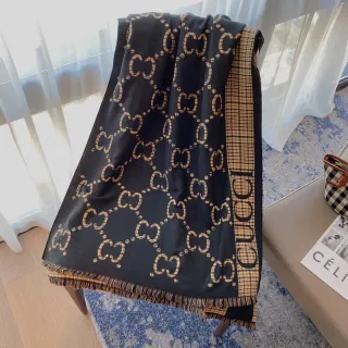 Gucci Black Beige Interlocking GG Monogram Plaid Border Cashmere Scarf