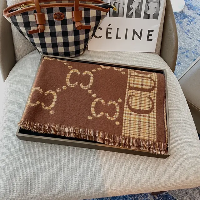 Gucci noir beige interlocking GG monogram plaid border cachemire écharpe 2