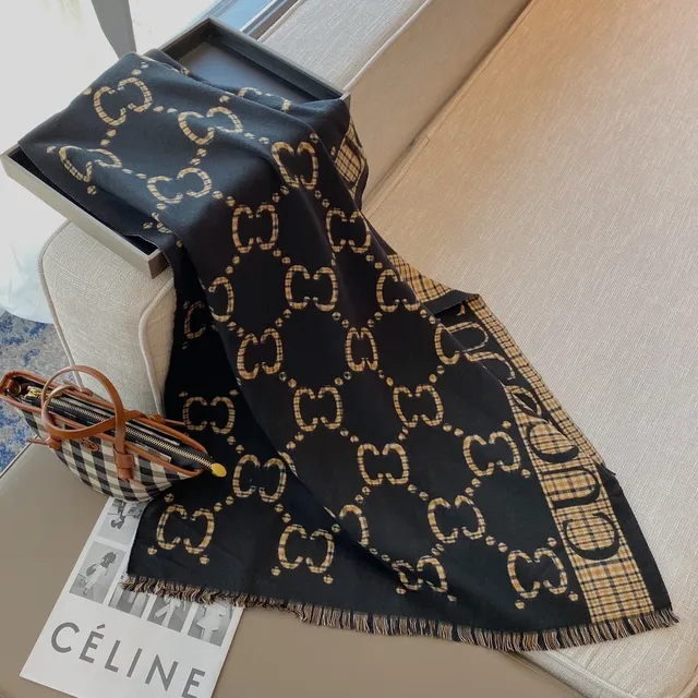 Gucci noir beige interlocking GG monogram plaid border cachemire écharpe 5
