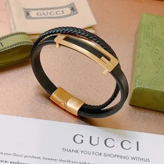 Gucci Black Braided Leather Gold-Tone Plaque Bracelet