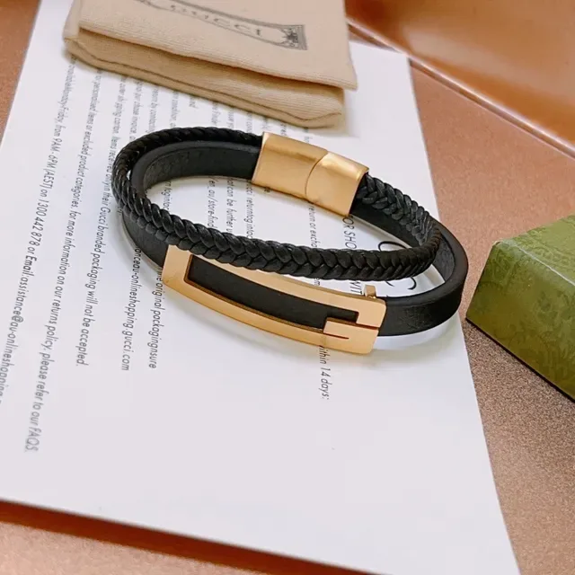 Gucci Black Braided Leather Gold-Tone Plaque Bracelet 4