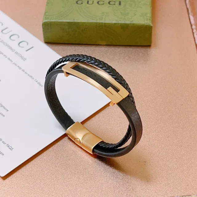 Gucci Black Braided Leather Gold-Tone Plaque Bracelet 6