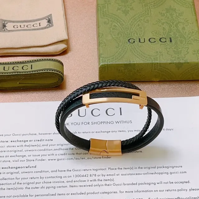 Gucci Black Braided Leather Gold-Tone Plaque Bracelet 7