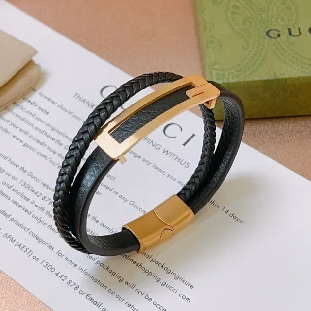 Gucci Black Braided Leather Gold-Tone Plaque Bracelet 8