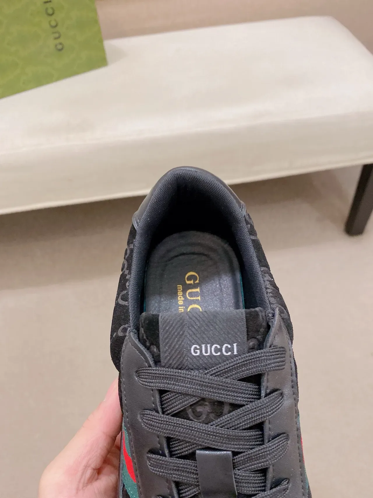 Gucci Noir Vert GG Monogram Daim Cuir Superpositions Sneakers Lifestyle 4