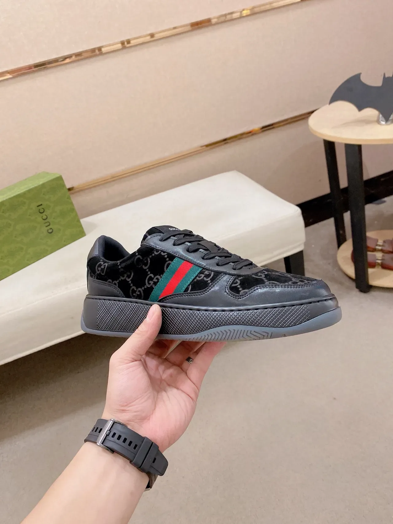 Gucci Noir Vert GG Monogram Daim Cuir Superpositions Sneakers Lifestyle 5