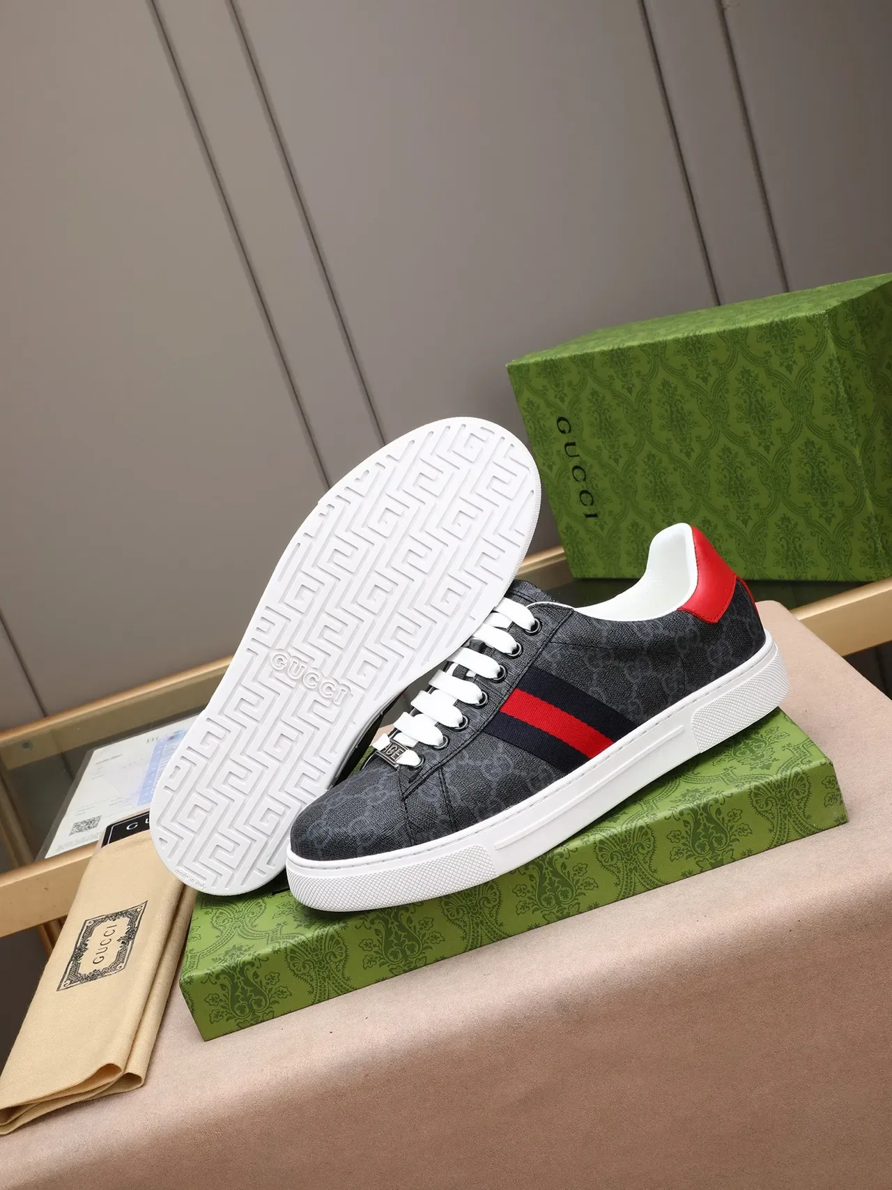 Gucci Black Red GG Monogram Canvas Web Stripe Lifestyle Sneakers 4