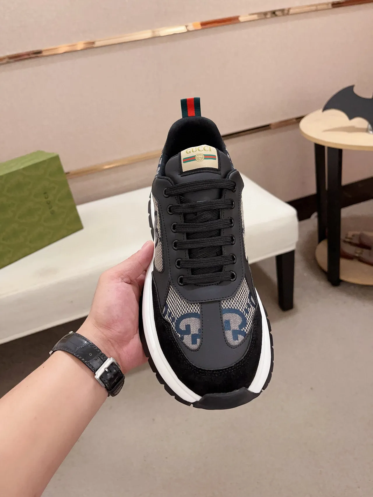 Gucci Black White GG Monogram Mesh Suede Overlays Chunky Sneakers 2