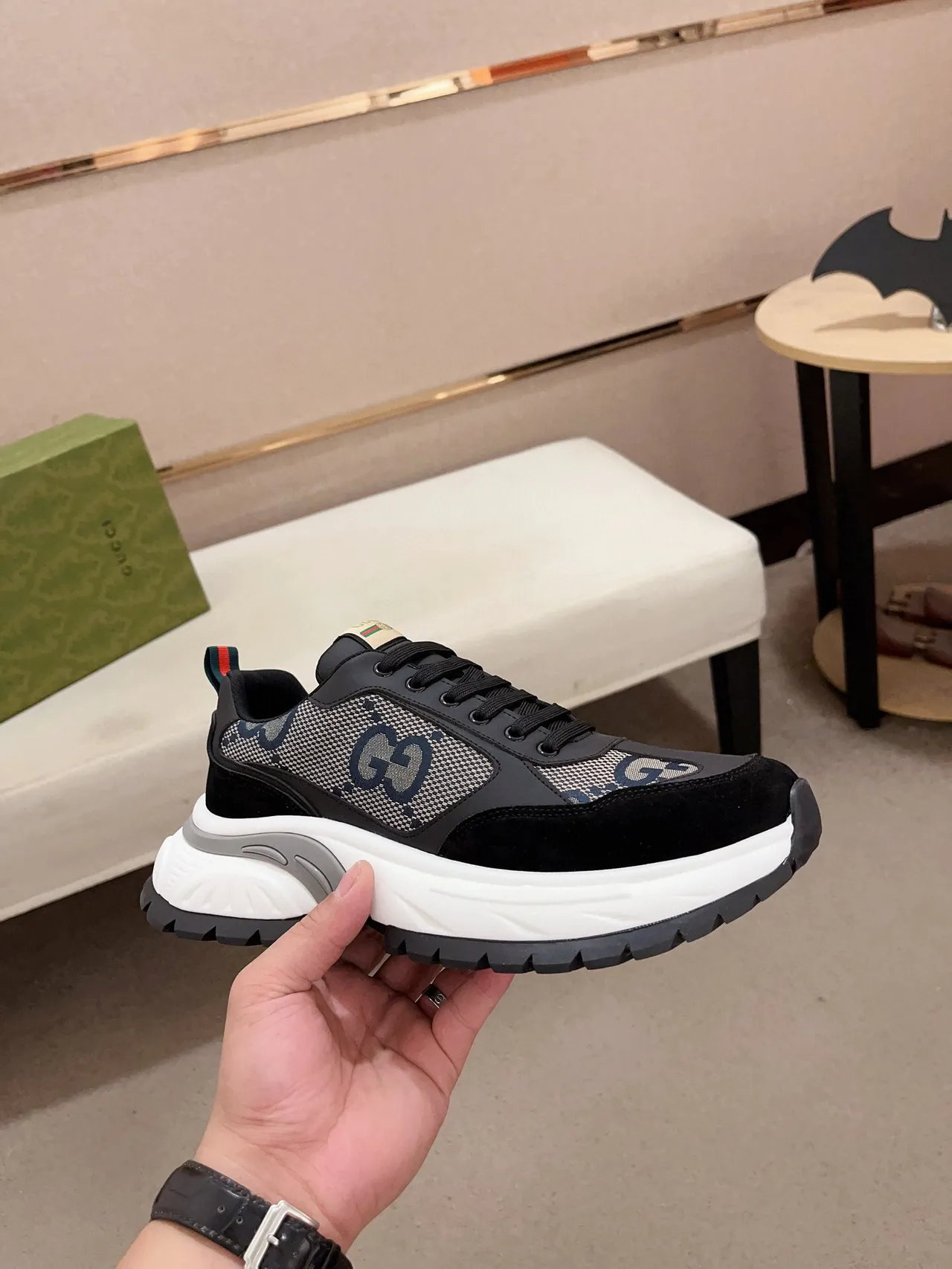 Gucci Black White GG Monogram Mesh Suede Overlays Chunky Sneakers 4