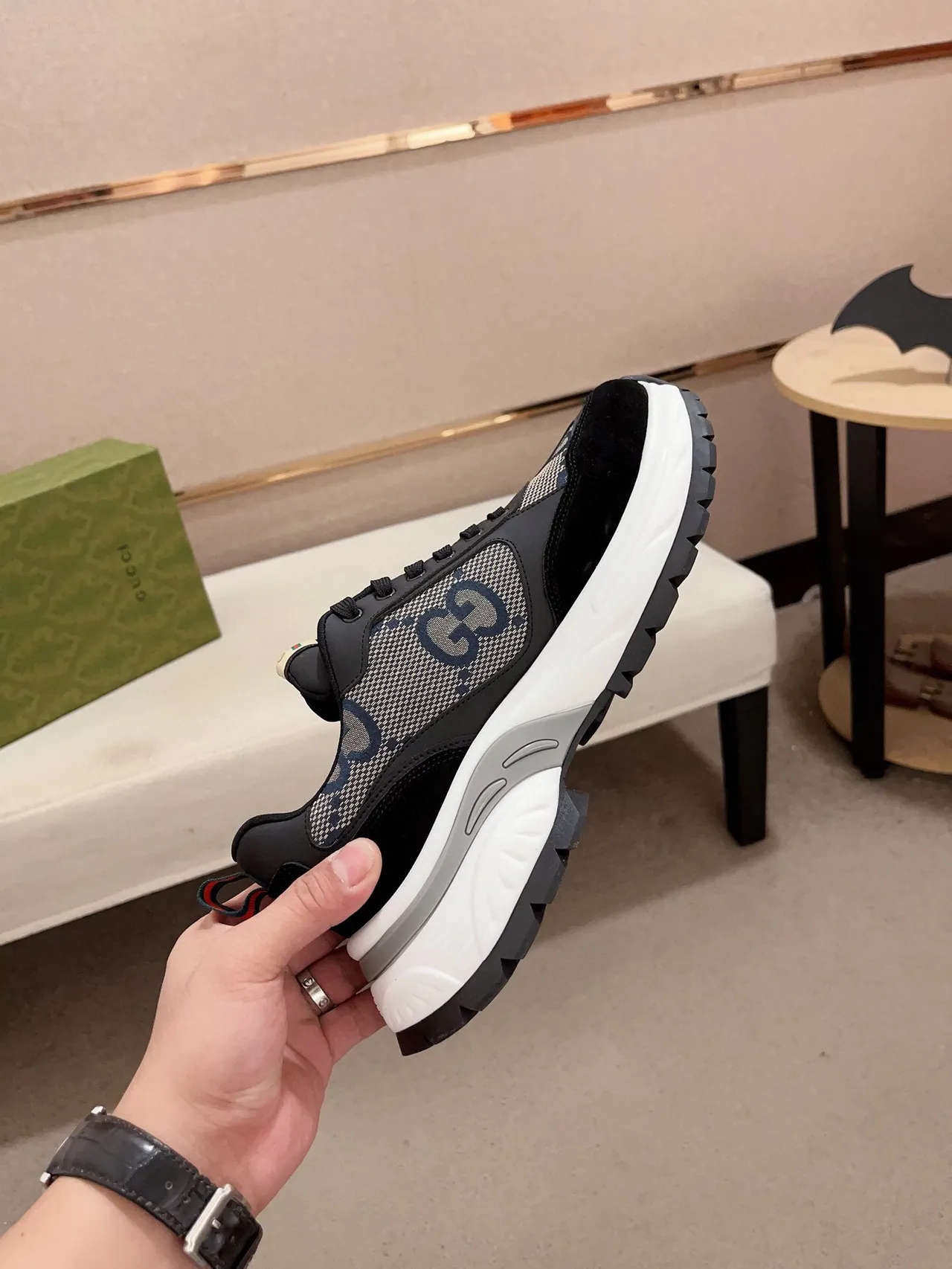 Gucci Black White GG Monogram Mesh Suede Overlays Chunky Sneakers 5