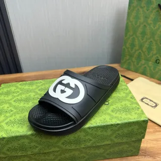 Gucci Black White Molded Rubber Single-Strap Slippers