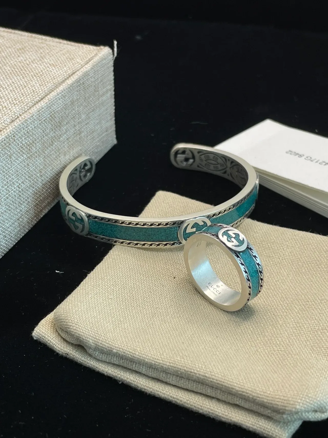 Gucci Blue Silver Open Cuff Turquoise Inlay Bracelet 3
