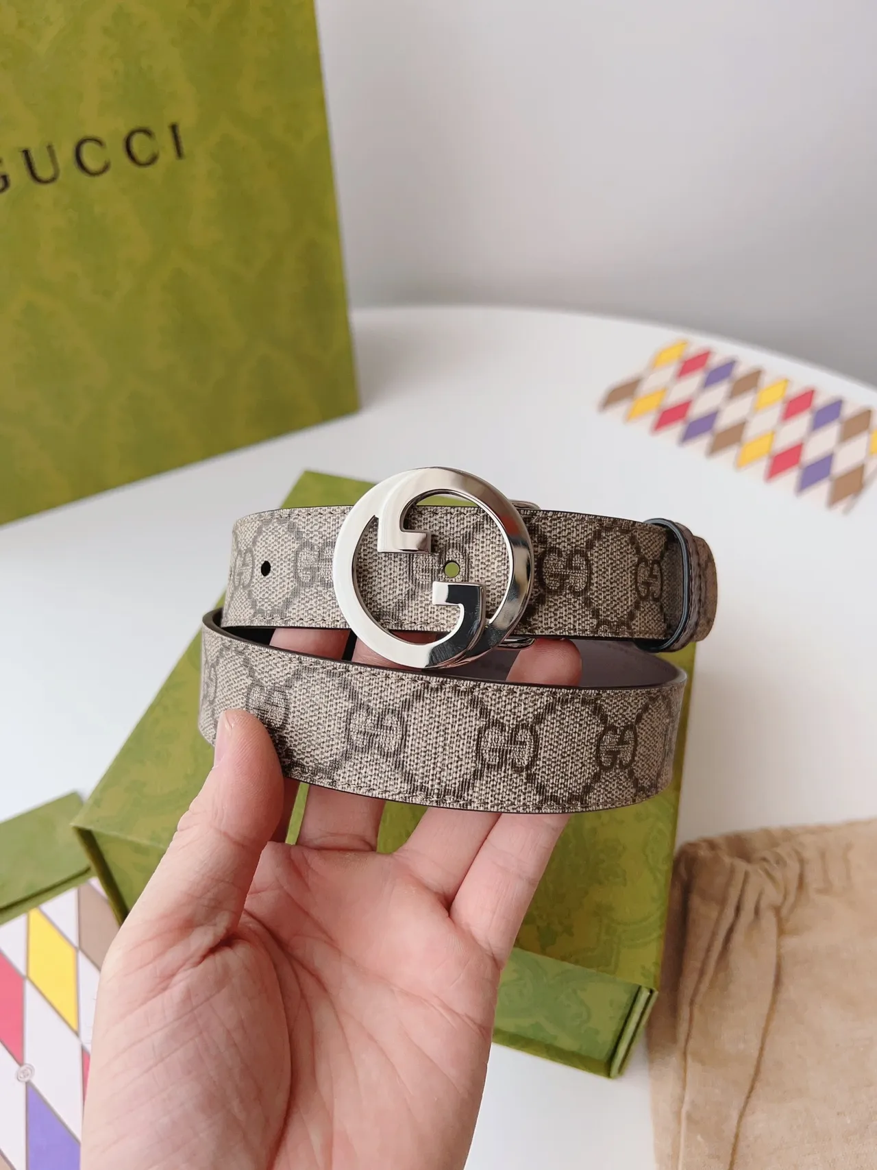 Gucci Brown Beige Interlocking G Buckle GG Monogram Canvas Leather Belt 2
