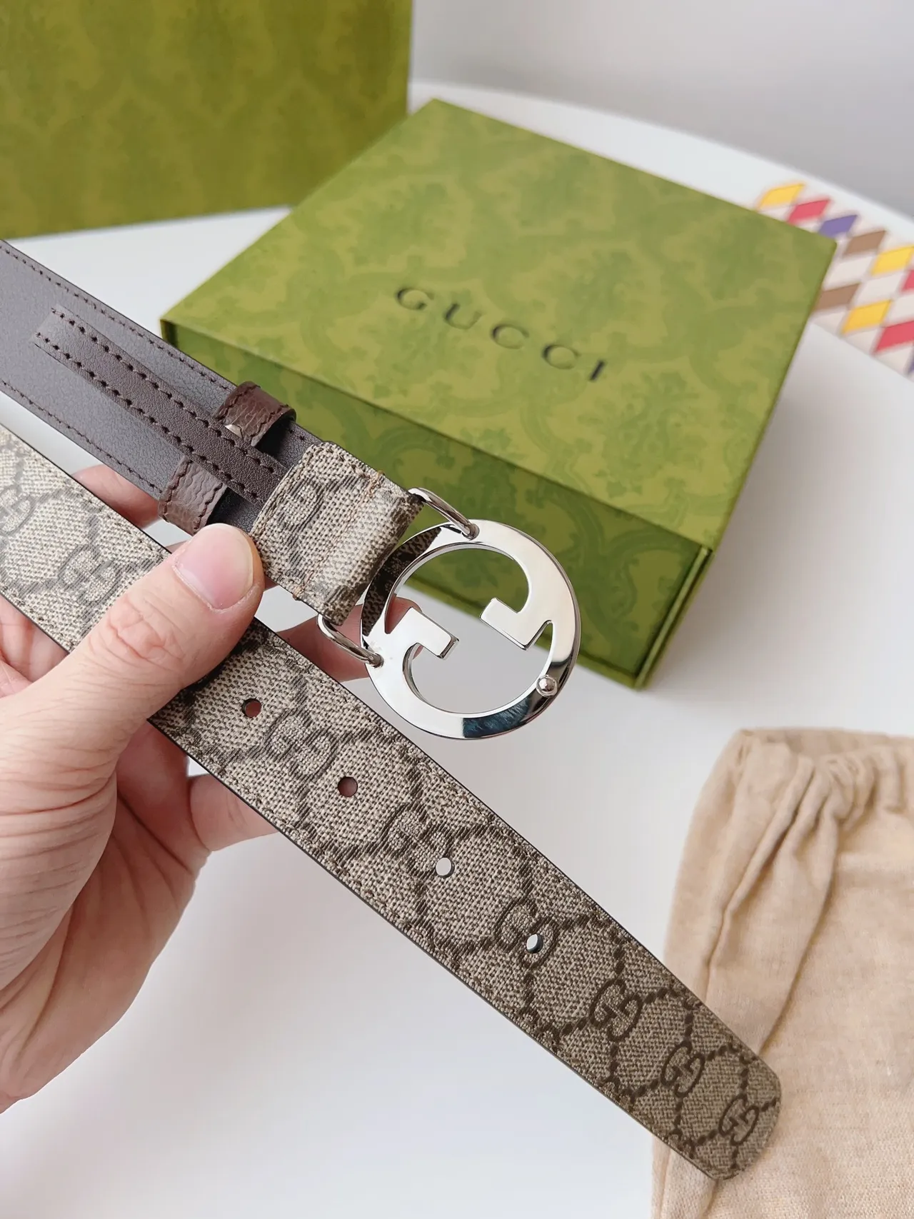 Gucci Brown Beige Interlocking G Buckle GG Monogram Canvas Leather Belt 3